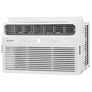 Frigidaire window air conditioner with digital display, air vents, and control buttons for mode, fan, sleep, and timer settings.