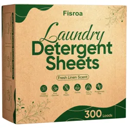 Fisroa Laundry Detergent Sheets, Fresh Linen Scent, provide deep cleaning, fast dissolve, no plastic, gentle, easy to carry, and phosphate-free features. Each pack contains sheets for 300 loads.