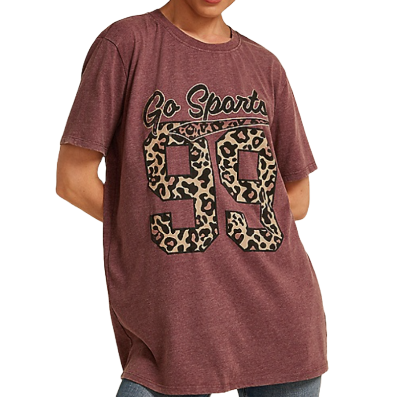 Maroon oversized t-shirt featuring \“Go Sports\“ text and large leopard print number \“99\“.