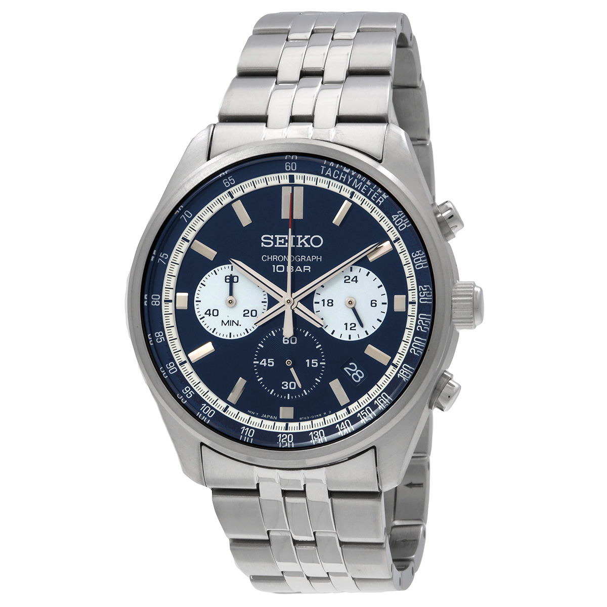 Seiko Men's Chronograph Watch features a blue dial with silver-tone indices, three subdials for measuring time, a date window, a tachymeter scale, and a stainless steel bracelet. Water resistance is up to 10 bar.