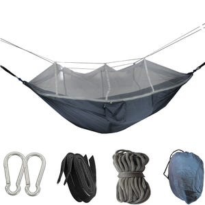 Camping hammock with mosquito net, includes carabiners, straps, rope, and a storage bag.