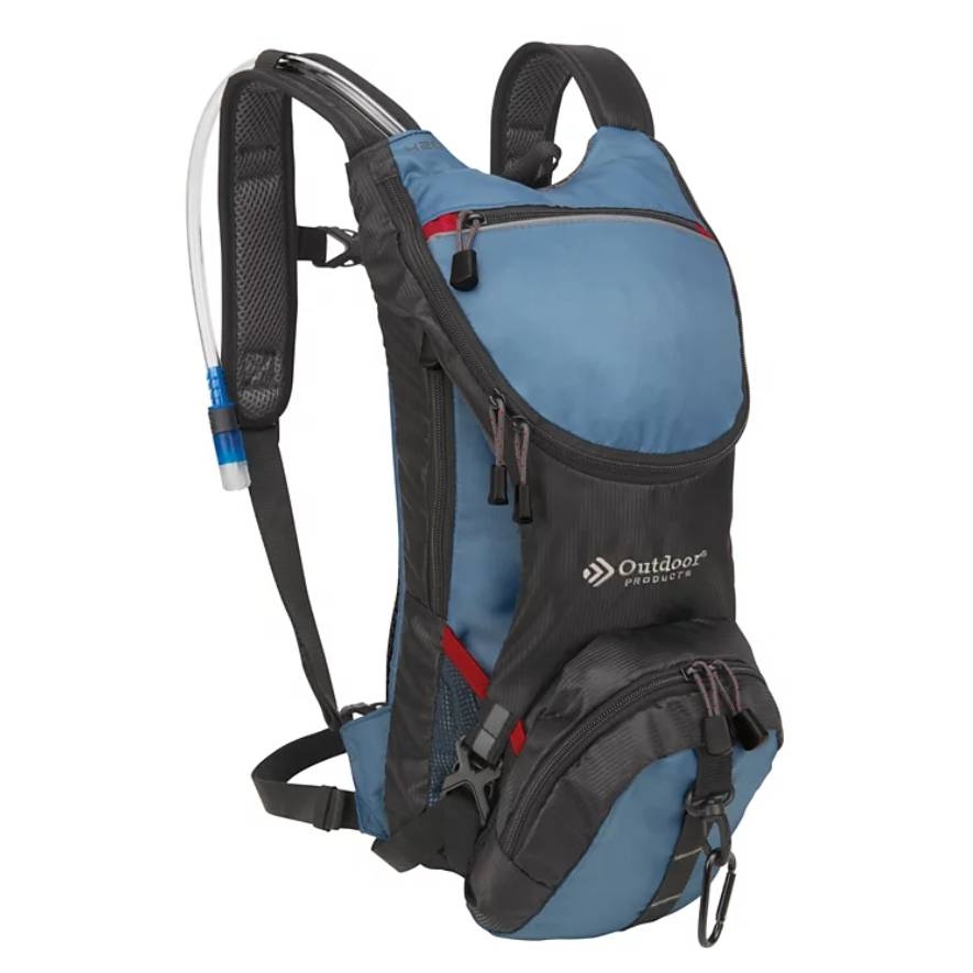 A compact, blue and black hydration backpack with breathable mesh shoulder straps, adjustable buckles, a front zippered pocket, and an attached hydration tube for easy sipping on the go.