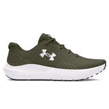 Olive green athletic sneaker with a white sole, featuring a prominent Under Armour logo on the side.