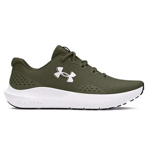 Olive green athletic sneaker with a white sole, featuring a prominent Under Armour logo on the side.
