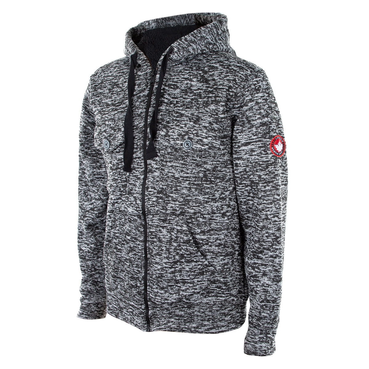 Two heathered gray sherpa-lined hoodies with drawstrings and a red circular logo on the left sleeve.