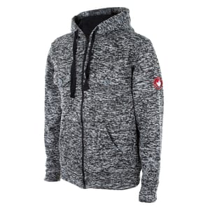 Two heathered gray sherpa-lined hoodies with drawstrings and a red circular logo on the left sleeve.