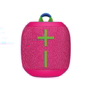 The Wonderboom 3 Speaker is a portable Bluetooth speaker in pink with a woven texture, featuring prominent green plus and minus symbols for volume control. It includes a blue and green loop handle for easy carrying.