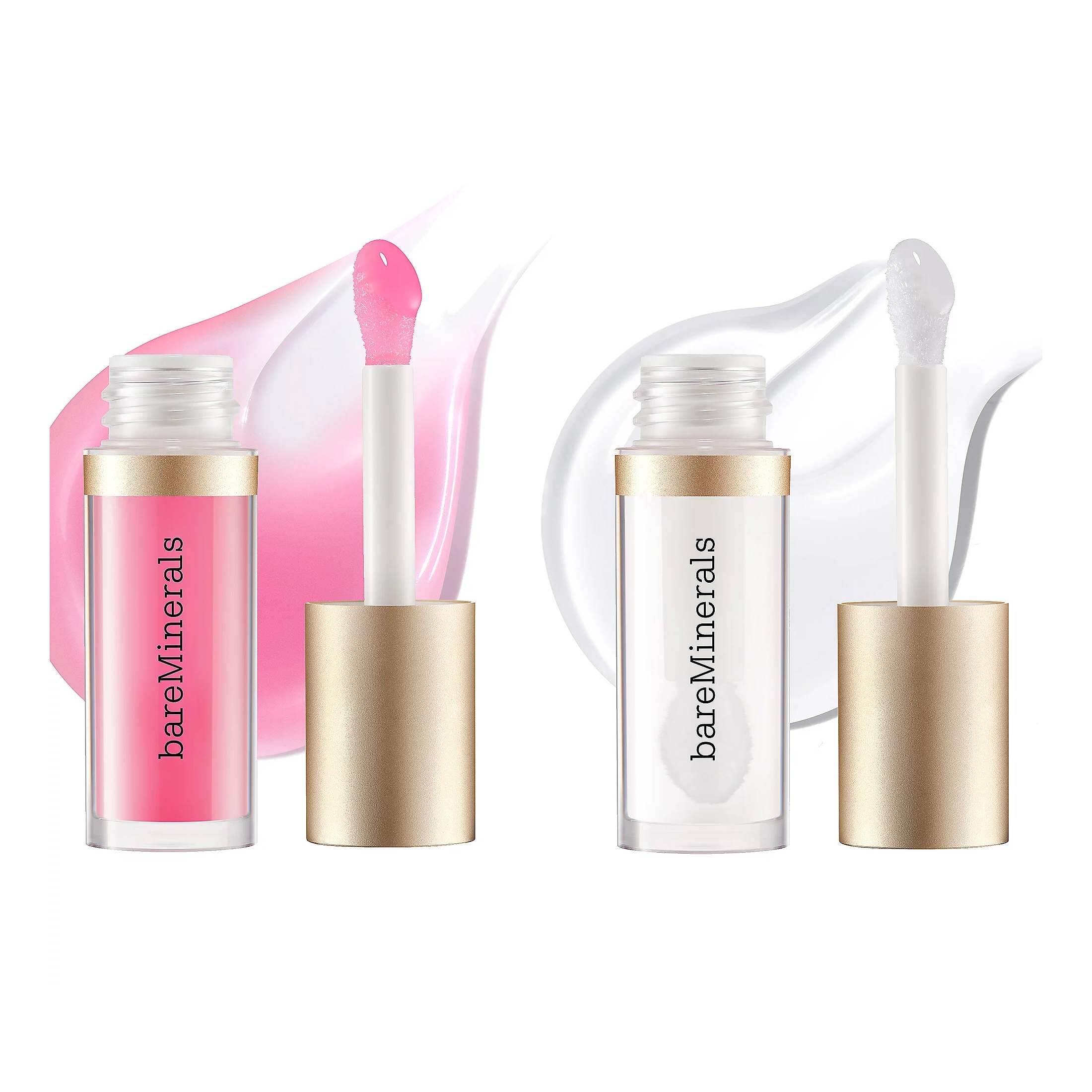 Two bareMinerals lip glosses with gold caps, one in pink and the other in clear.
