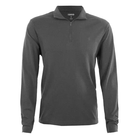 Gray Izod long-sleeve pullover with a quarter-zip front and small textured pattern.