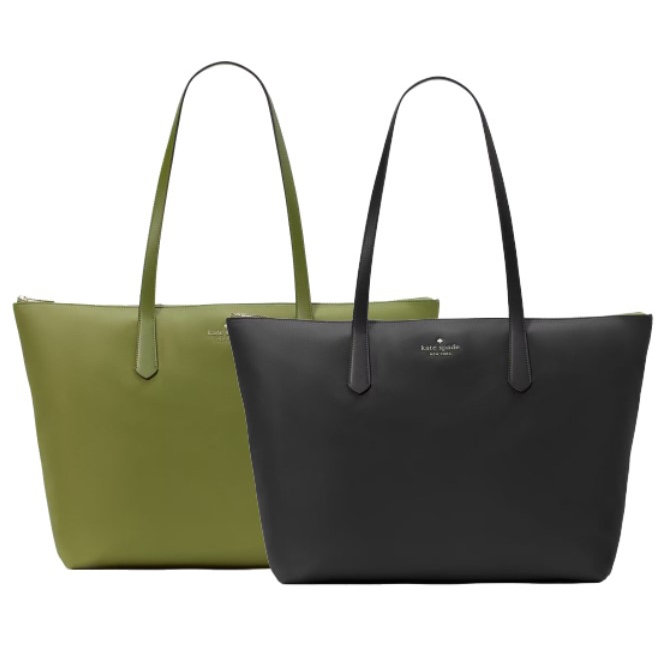 Two tote bags, one olive green and one black, with slender handles and a minimalist design.