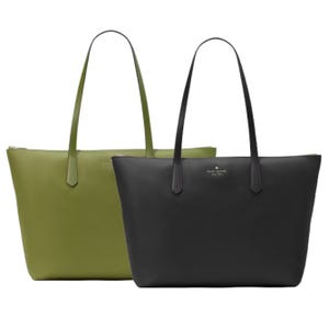 Two tote bags, one olive green and one black, with slender handles and a minimalist design.