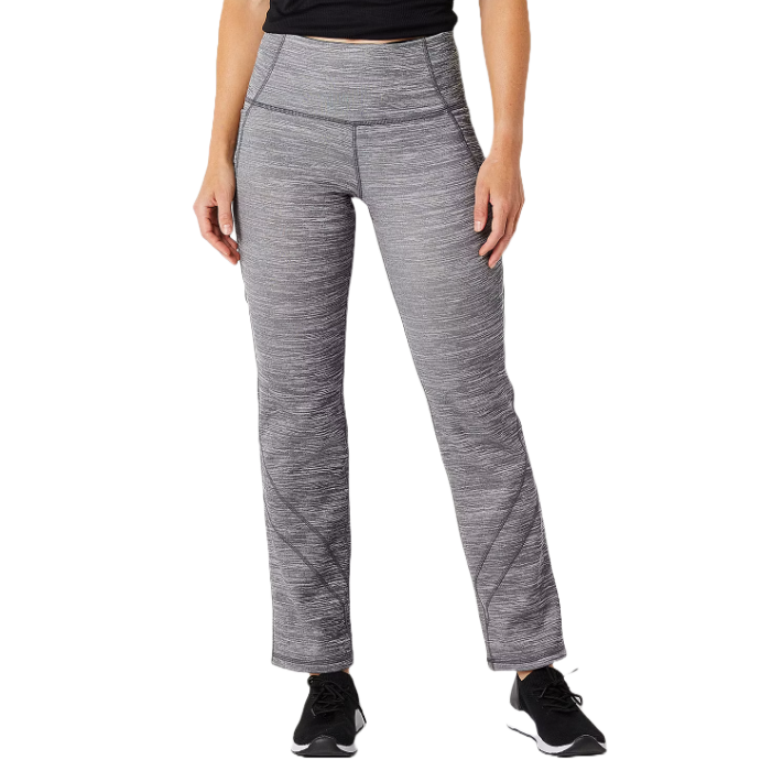 Gray melange workout pants with a straight-leg design and a side pocket, paired with black sneakers.