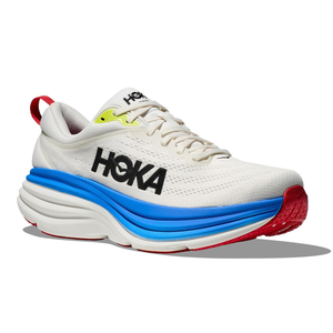 A Hoka running shoe featuring a white upper with black branding, a blue midsole, and a red outsole, alongside yellow accents near the lacing area.