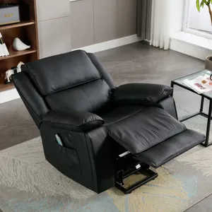 A black leather recliner chair with an extended footrest and a side pocket.