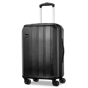 Black hard-shell suitcase with telescopic handle and four dual spinner wheels.