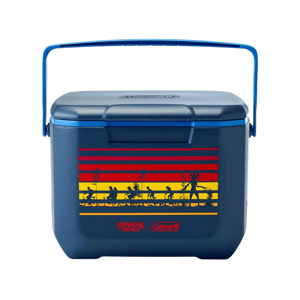 A blue Coleman cooler featuring a \“Stranger Things\“ design with characters silhouetted against red and yellow horizontal stripes.