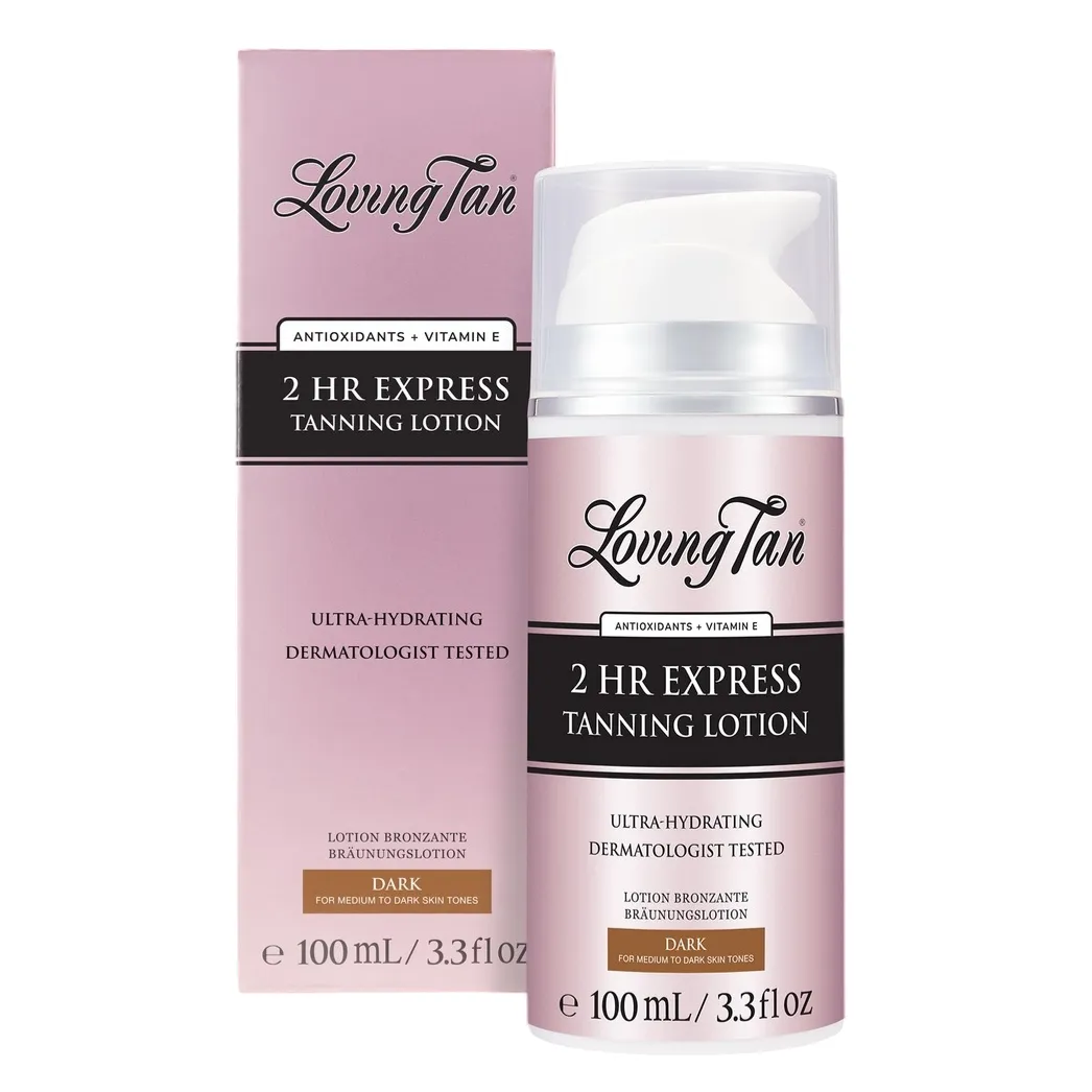 Loving Tan 2 HR Express Tanning Lotion, enriched with antioxidants and Vitamin E, is dermatologist-tested and ultra-hydrating. This 100mL lotion is designed for medium to dark skin tones and offers a quick tanning solution.