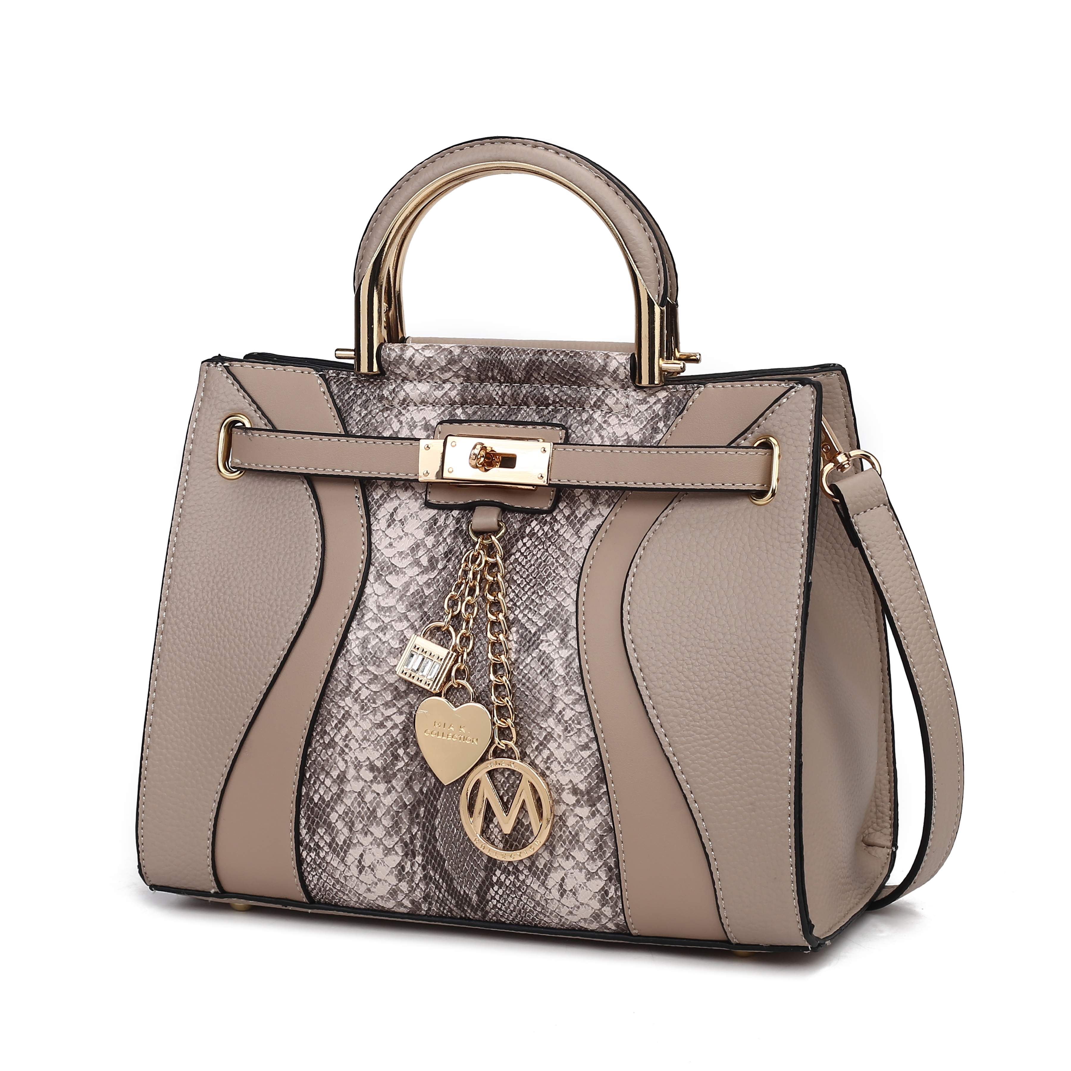 MKF Multi-Pocket Satchel features a beige and snakeskin pattern with gold accents, a structured top handle, and an adjustable shoulder strap. It includes decorative chain charms and a front belt detail.