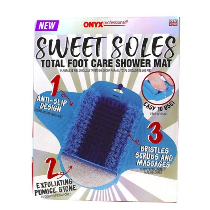 A blue shower mat designed for foot care with anti-slip features, an exfoliating pumice stone, and bristles for scrubbing and massaging feet.