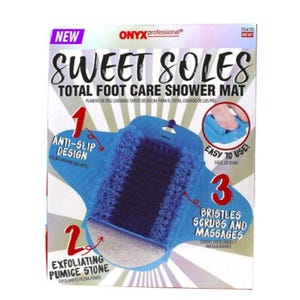 A blue shower mat designed for foot care with anti-slip features, an exfoliating pumice stone, and bristles for scrubbing and massaging feet.