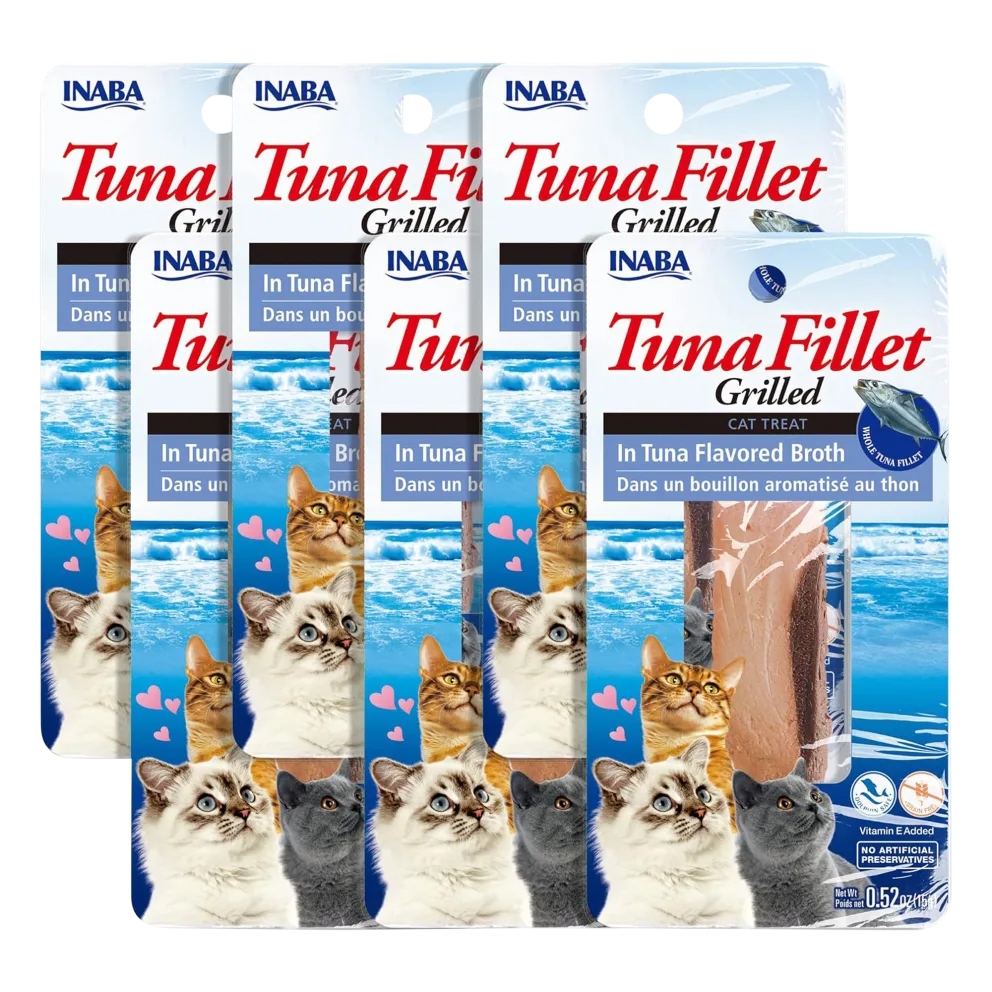 Inaba Grilled Tuna Fillet Cat Treats, 48-pack, feature tuna fillets in a tuna-flavored broth with no artificial preservatives; includes Vitamin E.