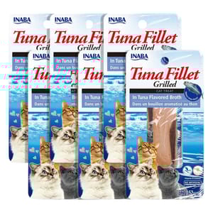 Inaba Grilled Tuna Fillet Cat Treats, 48-pack, feature tuna fillets in a tuna-flavored broth with no artificial preservatives; includes Vitamin E.