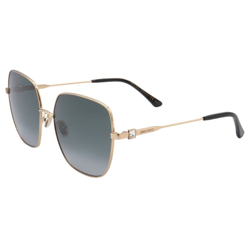 Gold-framed sunglasses with square lenses, featuring dark gradient lenses and black temple tips. The brand name \“Jimmy Choo\“ is visible on the sides.
