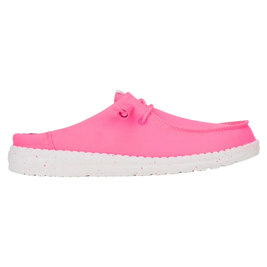 Pink slip-on shoe with laces and a white speckled sole.
