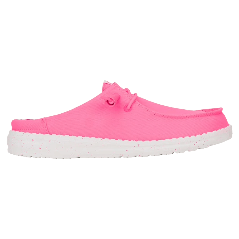 Pink slip-on shoe with laces and a white speckled sole.