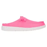 Pink slip-on shoe with laces and a white speckled sole.