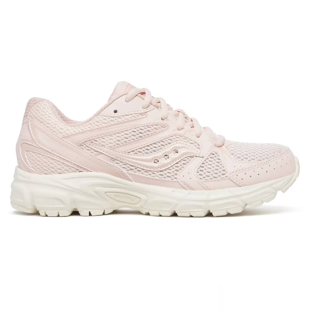 Light pink athletic sneaker with mesh upper and white sole, featuring Saucony branding.