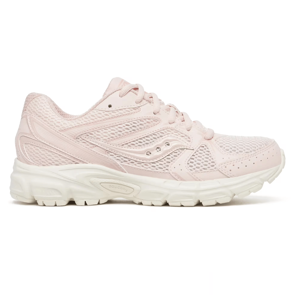 Light pink athletic sneaker with mesh upper and white sole, featuring Saucony branding.