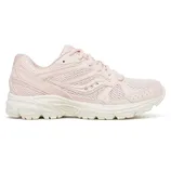 Light pink athletic sneaker with mesh upper and white sole, featuring Saucony branding.
