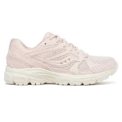 Light pink athletic sneaker with mesh upper and white sole, featuring Saucony branding.