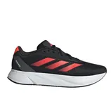 Adidas running shoe featuring a black upper with red stripes and a white sole.