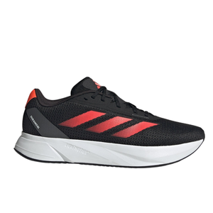 Adidas running shoe featuring a black upper with red stripes and a white sole.