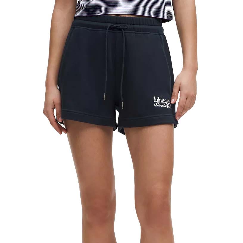 Black shorts with a drawstring waistband, featuring a small \“Lululemon Tennis Club\“ logo on the front.
