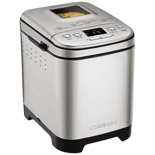 A Cuisinart bread maker with a stainless steel finish, digital display, and top viewing window.