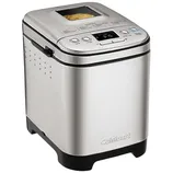 A Cuisinart bread maker with a stainless steel finish, digital display, and top viewing window.