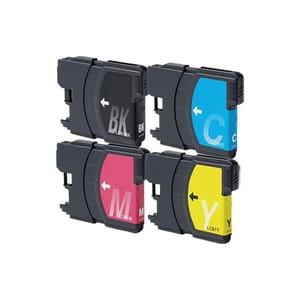 Four Brother ink cartridges in black, cyan, magenta, and yellow. Each cartridge is labeled with the respective color and code: BK, C, M, and Y. Compact and rectangular in shape, they're designed for use in compatible printers.