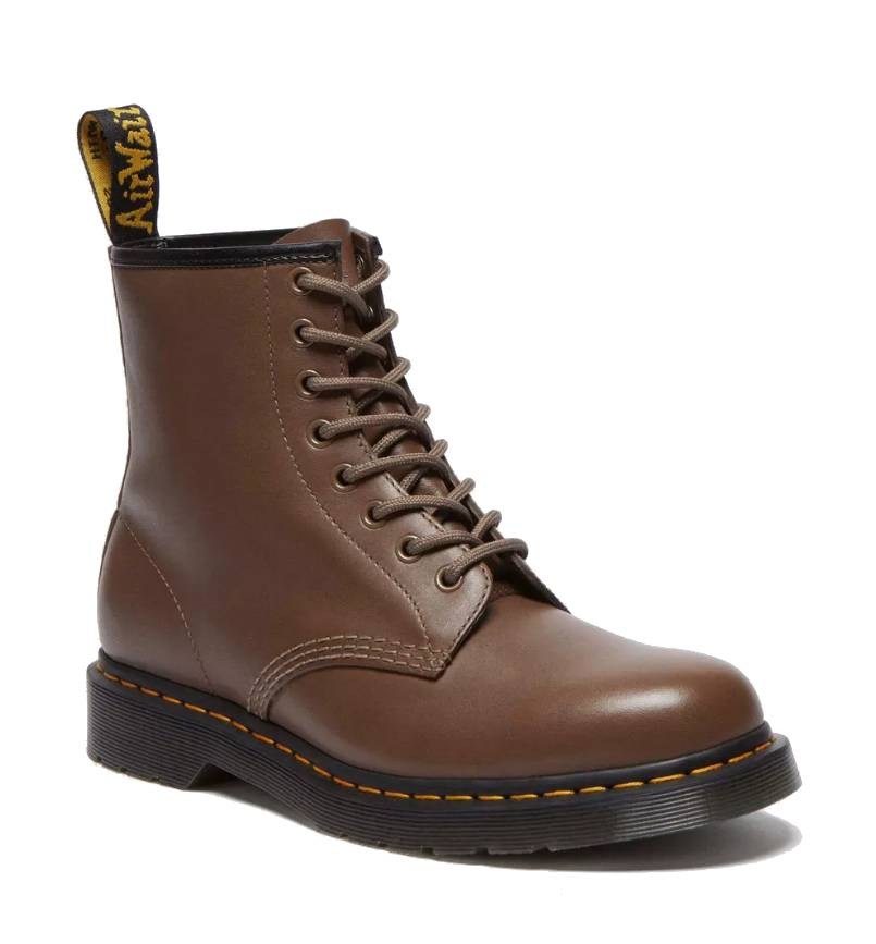 Brown lace-up boots with a rugged design, featuring a durable sole and classic yellow stitching. They have a black heel tab with yellow text, characteristic of the brand's style.