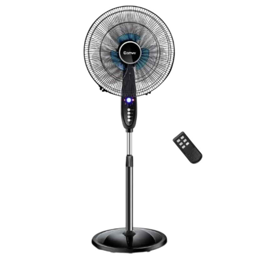 A black oscillating pedestal fan with an adjustable height and remote control, featuring a digital display and several control buttons on the stand.