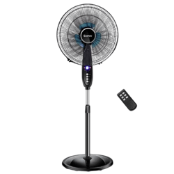 A black oscillating pedestal fan with an adjustable height and remote control, featuring a digital display and several control buttons on the stand.