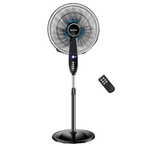 A black oscillating pedestal fan with an adjustable height and remote control, featuring a digital display and several control buttons on the stand.