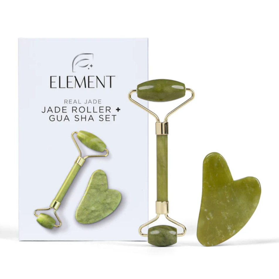Real jade roller and gua sha set from Element displayed with packaging, featuring a double-ended roller and a curved gua sha tool in green jade.