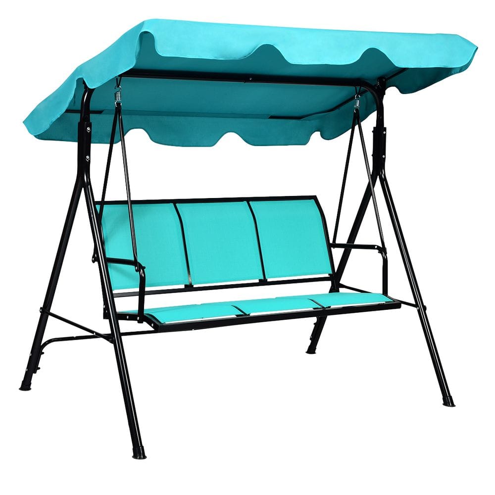 Outdoor swing chair with a teal canopy and seat, supported by a black metal frame. Designed for three people.