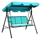Outdoor swing chair with a teal canopy and seat, supported by a black metal frame. Designed for three people.