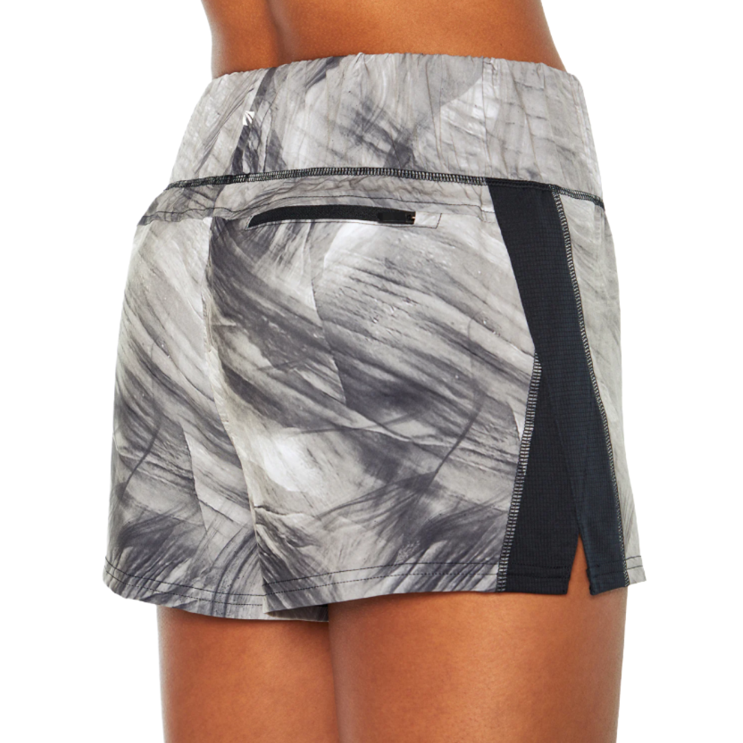 Gray athletic shorts with a black abstract pattern, featuring a back zipper pocket and a black mesh side panel.