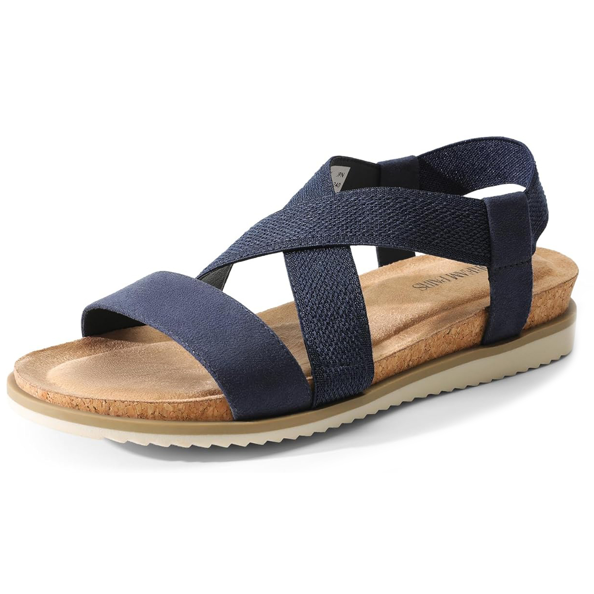 Navy blue sandal with crisscross fabric straps, padded footbed, cork midsole, and a textured, beige rubber outsole.