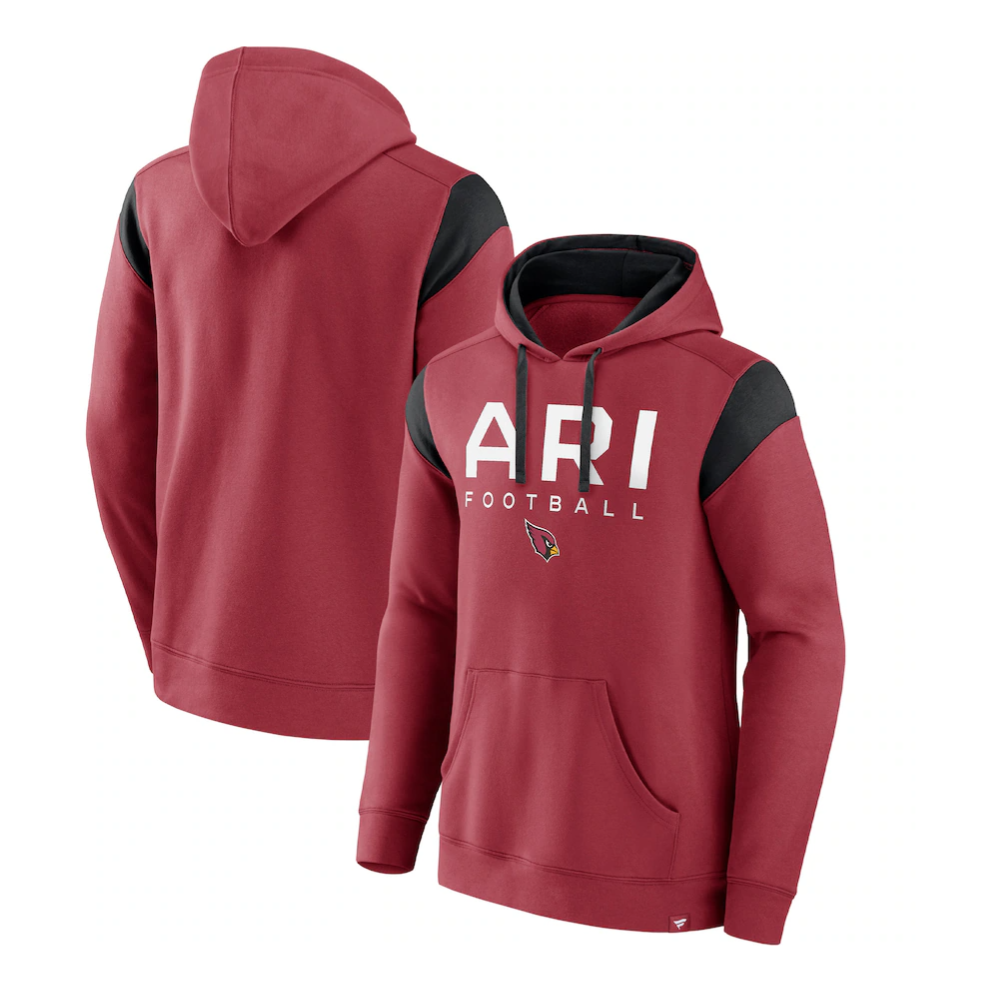 Red and black hoodie with \“ARI FOOTBALL\“ and a cardinal logo on the front, featuring black shoulder accents and a front pocket.
